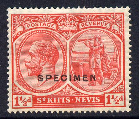 St Kitts-Nevis 1921-29 KG5 Script CA Columbus 1.5d red overprinted SPECIMEN fine with gum only about 400 produced SG 40s, stamps on , stamps on  stamps on specimen, stamps on  stamps on  kg5 , stamps on  stamps on columbus