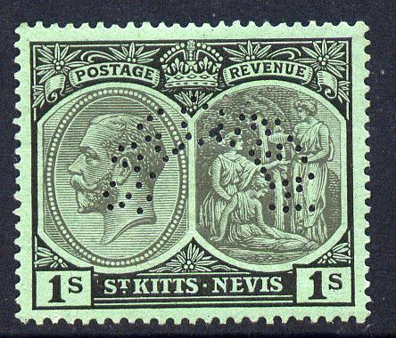 St Kitts-Nevis 1921-29 KG5 Script CA Medicine Spring 1s black on green with SPECIMEN perfin fine with gum only about 400 produced SG 46bs, stamps on specimen, stamps on  kg5 , stamps on 