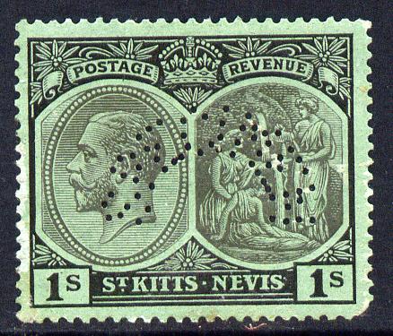 St Kitts-Nevis 1921-29 KG5 Script CA Medicine Spring 1s black on green (rounded corner perf) with SPECIMEN perfin fine with gum only about 400 produced SG 46bs, stamps on specimen, stamps on  kg5 , stamps on 