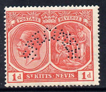St Kitts-Nevis 1921-29 KG5 Script CA Medicine Spring 1d rose-red with SPECIMEN perfin fine with gum only about 400 produced SG 38sa, stamps on , stamps on  stamps on specimen, stamps on  stamps on  kg5 , stamps on  stamps on 