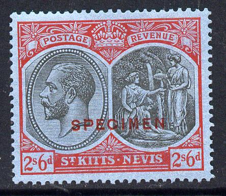 St Kitts-Nevis 1921-29 KG5 Script CA Medicine Spring 2s6d black & red on blue overprinted SPECIMEN fine with gum only about 400 produced SG 47as, stamps on , stamps on  stamps on specimen, stamps on  stamps on  kg5 , stamps on  stamps on 