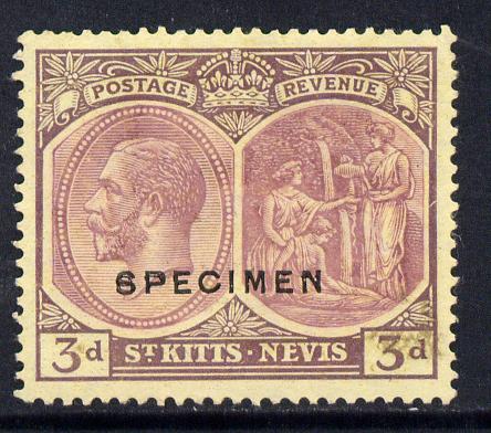 St Kitts-Nevis 1921-29 KG5 Script CA Medicine Spring 3d purple on yellow overprinted SPECIMEN without gum & faded but only about 400 produced SG 45as, stamps on , stamps on  stamps on specimen, stamps on  stamps on  kg5 , stamps on  stamps on 