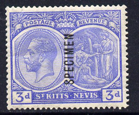 St Kitts-Nevis 1921-29 KG5 Script CA Medicine Spring 3d dull ultramarine overprinted SPECIMEN fine with gum only about 400 produced SG 45s, stamps on , stamps on  stamps on specimen, stamps on  stamps on  kg5 , stamps on  stamps on 