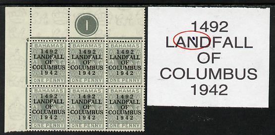 Bahamas 1942 KG6 Landfall of Columbus 1d pale slate NW corner block of 6 from left pane with Plate No.1 showing damaged corner on R1/1 (Plate variety) and Flaw in N on R1..., stamps on columbus, stamps on  kg6 , stamps on 