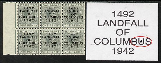 Bahamas 1942 KG6 Landfall of Columbus 1d pale slate marginal block of 6 from left pane showing Flaw in second U on R3/2 unmounted mint, stamps on columbus, stamps on  kg6 , stamps on 