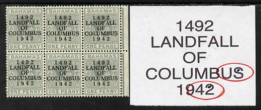 Bahamas 1942 KG6 Landfall of Columbus 1d pale slate marginal block of 6 from left pane showing Flaws in S & 2 on R5/5 unmounted mint, stamps on columbus, stamps on  kg6 , stamps on 