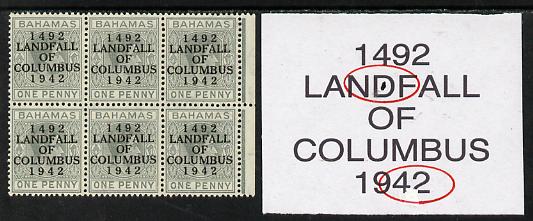 Bahamas 1942 KG6 Landfall of Columbus 1d pale slate marginal block of 6 from left pane showing Flaw in D on R8/5 and Broken foot of 2 on R8/6 unmounted mint, stamps on columbus, stamps on  kg6 , stamps on 