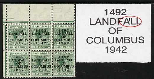 Bahamas 1942 KG6 Landfall of Columbus 1/2d green NW corner block of 6 from right pane showing Flaw between AL on R2/3 unmounted mint, stamps on , stamps on  stamps on columbus, stamps on  stamps on  kg6 , stamps on  stamps on 