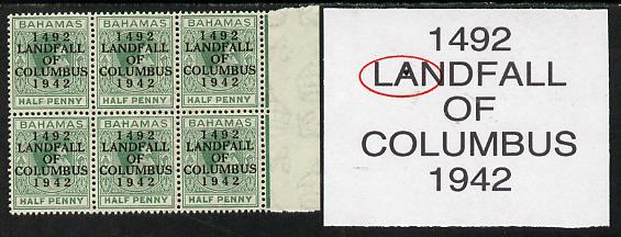 Bahamas 1942 KG6 Landfall of Columbus 1/2d green marginal block of 6 from right pane showing Flaw in A on R4/6 unmounted mint, stamps on , stamps on  stamps on columbus, stamps on  stamps on  kg6 , stamps on  stamps on 