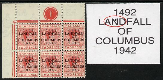 Bahamas 1942 KG6 Landfall of Columbus 2d scarlet NW corner block of 6 from left pane with Plate No.1 showing damaged corner on R1/1 (Plate variety) and Flaw in N on R1/2 unmounted mint, stamps on , stamps on  stamps on columbus, stamps on  stamps on  kg6 , stamps on  stamps on 