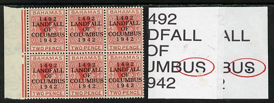 Bahamas 1942 KG6 Landfall of Columbus 2d scarlet marginal block of 6 from left pane showing Split S on R7/1 & Flaw in S on R8/2 unmounted mint, stamps on , stamps on  stamps on columbus, stamps on  stamps on  kg6 , stamps on  stamps on 