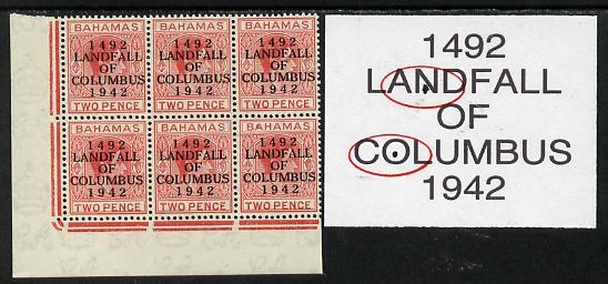 Bahamas 1942 KG6 Landfall of Columbus 2d scarlet SW corner block of 6 from left pane showing Flaw in N on R10/1 and Flaw in O on R10/2 unmounted mint, stamps on , stamps on  stamps on columbus, stamps on  stamps on  kg6 , stamps on  stamps on 