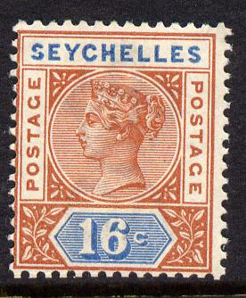 Seychelles 1890-92 QV Key Plate Crown CA die I - 16c chestnut & blue mounted mint SG 6, stamps on , stamps on  qv , stamps on 