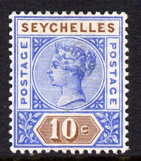 Seychelles 1890-92 QV Key Plate Crown CA die II- 10c ultramarine & brown mounted mint SG 12, stamps on , stamps on  stamps on , stamps on  stamps on  qv , stamps on  stamps on 