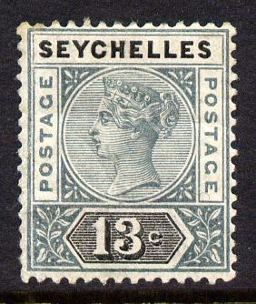 Seychelles 1890-92 QV Key Plate Crown CA die II - 13c grey & black mounted mint SG 13, stamps on , stamps on  qv , stamps on 