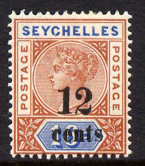 Seychelles 1893 QV surcharged 12c on 16c chestnut & blue die II mounted mint SG 17, stamps on , stamps on  qv , stamps on 