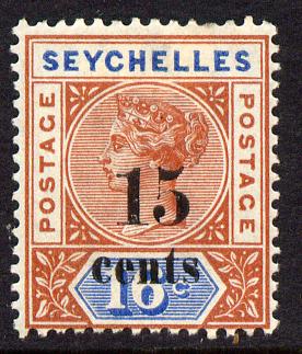 Seychelles 1893 QV surcharged 15c on 16c chestnut & blue die I mounted mint SG 18, stamps on , stamps on  stamps on , stamps on  stamps on  qv , stamps on  stamps on 