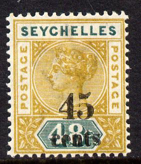 Seychelles 1893 QV surcharged 45c on 48c ochre & green mounted mint SG 20, stamps on , stamps on  qv , stamps on 