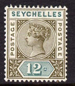 Seychelles 1893 QV Key Plate Crown CA die II - 12c sepia & green mounted mint SG 23, stamps on , stamps on  qv , stamps on 