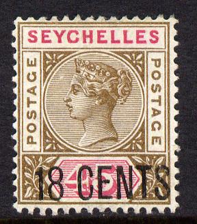 Seychelles 1896 QV surcharged 18c on 45c brown & carmine mounted mint SG 26, stamps on , stamps on  qv , stamps on 