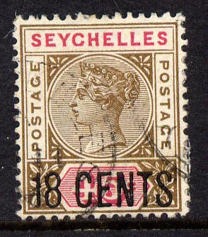 Seychelles 1896 QV surcharged 18c on 45c brown & carmine cds used SG 26, stamps on , stamps on  qv , stamps on 