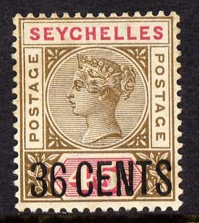 Seychelles 1896 QV surcharged 36c on 45c brown & carmine mounted mint SG 27, stamps on , stamps on  qv , stamps on 