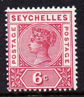 Seychelles 1897-1900 QV Key Plate Crown CA die II - 6c carmine mounted mint SG 29, stamps on , stamps on  qv , stamps on 
