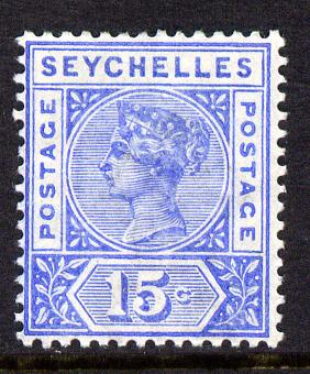 Seychelles 1897-1900 QV Key Plate Crown CA die II - 15c ultramarine mounted mint SG 30