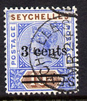 Seychelles 1901 QV surcharged 3c on 10c ultramarine & brown cds used SG 37, stamps on , stamps on  stamps on , stamps on  stamps on  qv , stamps on  stamps on 