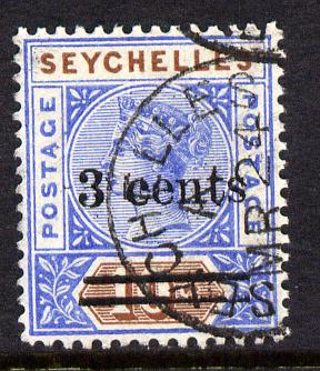 Seychelles 1901 QV surcharged 3c on 10c ultramarine & brown cds used SG 37, stamps on , stamps on  qv , stamps on 