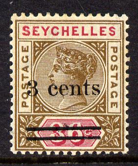 Seychelles 1901 QV surcharged 3c on 36c brown & carmine mounted mint SG 39, stamps on , stamps on  stamps on , stamps on  stamps on  qv , stamps on  stamps on 