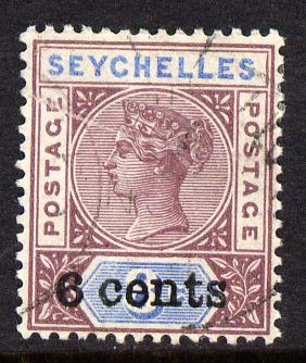 Seychelles 1901 QV surcharged 6c on 8c brown-purple & blue cds used SG 40, stamps on , stamps on  qv , stamps on 