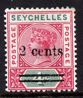 Seychelles 1902 QV surcharged 2c on 4c carmine & green mounted mint SG 41, stamps on , stamps on  stamps on , stamps on  stamps on  qv , stamps on  stamps on 