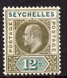 Seychelles 1903 KE7 Crown CA 12c olive-sepia & dull green mounted mint SG 49, stamps on , stamps on  ke7 , stamps on 
