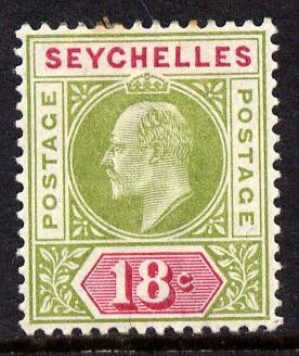Seychelles 1903 KE7 Crown CA 18c sage-green & carmine mounted mint SG 51, stamps on , stamps on  ke7 , stamps on 