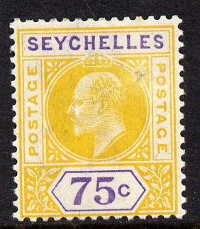 Seychelles 1903 KE7 Crown CA 75c yellow & violet mounted mint SG 54, stamps on , stamps on  stamps on , stamps on  stamps on  ke7 , stamps on  stamps on 