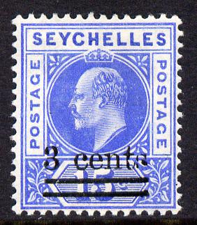 Seychelles 1903 KE7 surcharged 3c on 15c ultramarine mounted mint SG 57, stamps on , stamps on  stamps on , stamps on  stamps on  ke7 , stamps on  stamps on 