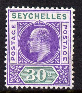 Seychelles 1906 KE7 MCA 30c violet & dull green mounted mint SG 66, stamps on , stamps on  ke7 , stamps on 