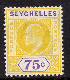 Seychelles 1906 KE7 MCA 75c yellow & violet mounted mint SG 68, stamps on , stamps on  ke7 , stamps on 