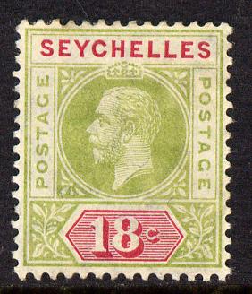 Seychelles 1912-16 KG5 MCA 18c sage-green & carmine mounted mint SG 76, stamps on , stamps on  kg5 , stamps on 