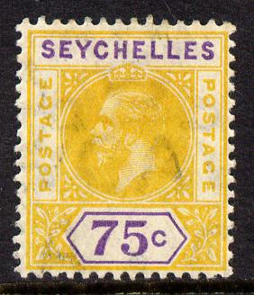 Seychelles 1912-16 KG5 MCA 75c yellow & violet mounted mint SG 79, stamps on , stamps on  stamps on , stamps on  stamps on  kg5 , stamps on  stamps on 