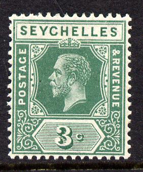 Seychelles 1917-22 KG5 MCA die I - 3c green mounted mint SG 83, stamps on , stamps on  kg5 , stamps on 
