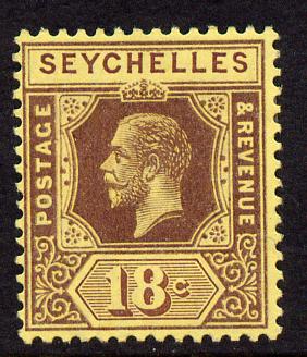 Seychelles 1917-22 KG5 MCA die I - 18c purple on yellow mounted mint SG 88, stamps on , stamps on  kg5 , stamps on 