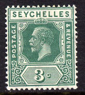 Seychelles 1921-32 KG5 Script CA die II - 3c green mounted mint SG 99, stamps on , stamps on  kg5 , stamps on 