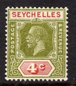 Seychelles 1921-32 KG5 Script CA die II - 4c sage-green & carmine mounted mint SG 102, stamps on , stamps on  kg5 , stamps on 