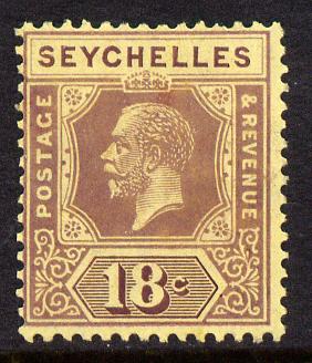 Seychelles 1921-32 KG5 Script CA die II - 18c purple on yellow mounted mint SG 112, stamps on , stamps on  kg5 , stamps on 