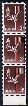 Malta 1964 Independence 3d vertical strip of 3 with gold (date) misplaced downwards by a massive 21 mm (tiny part visible in bottom margin) unmounted mint SG 322var, stamps on doves, stamps on peace