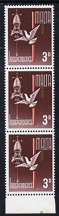 Malta 1964 Independence 3d vertical strip of 3 with gold (date) misplaced downwards by a massive 21 mm (tiny part visible in bottom margin) unmounted mint SG 322var, stamps on , stamps on  stamps on doves, stamps on  stamps on peace