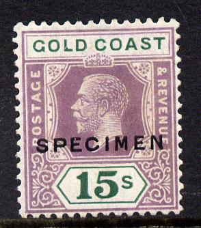 Gold Coast 1921-34 KG5 Script CA die II - 15s overprinted SPECIMEN fine with gum and only about 400 produced SG 100as, stamps on , stamps on  stamps on , stamps on  stamps on  kg5 , stamps on  stamps on specimen