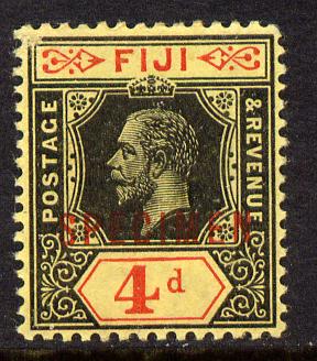Fiji 1912-23 KG5 MCA 4d black & red on lemon (die I) overprinted SPECIMEN fine with gum (tiny rust spot) and only about 400 produced SG 131s, stamps on , stamps on  kg5 , stamps on specimen